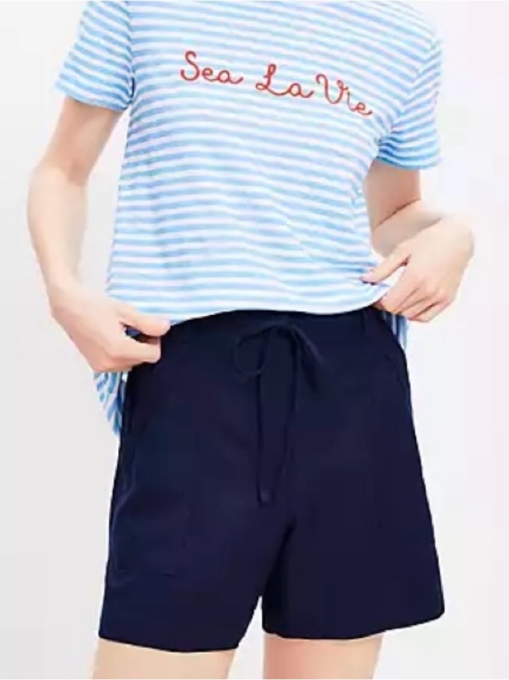 LOFT Navy High-Waist Drawstring Linen-Blend Shorts